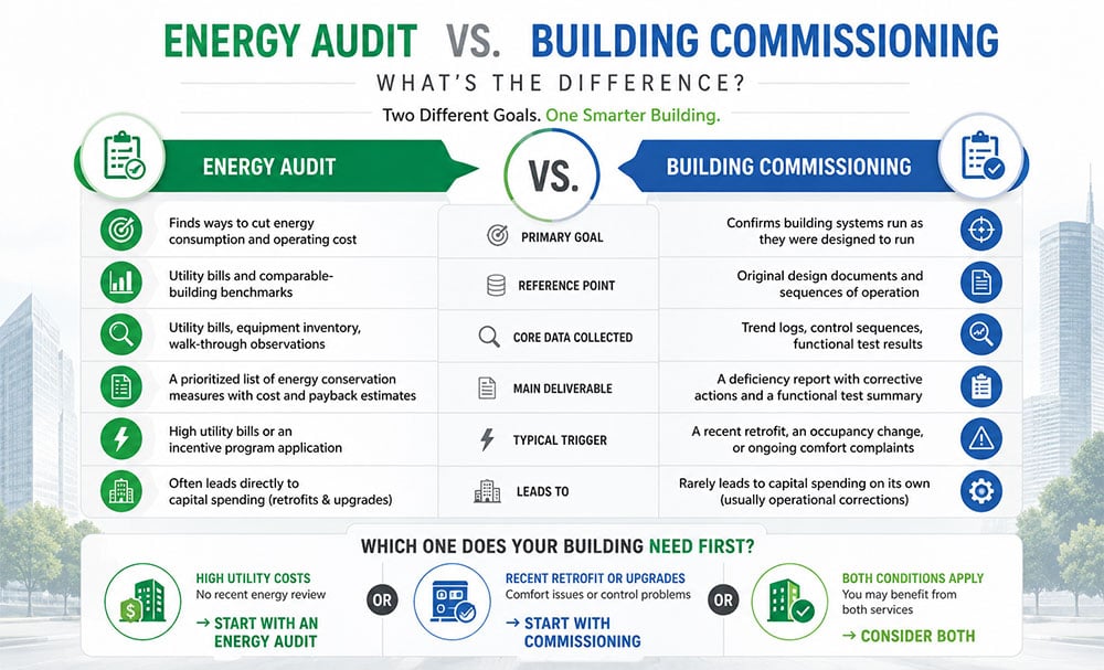 Energy audit vs building commissioning at a glance